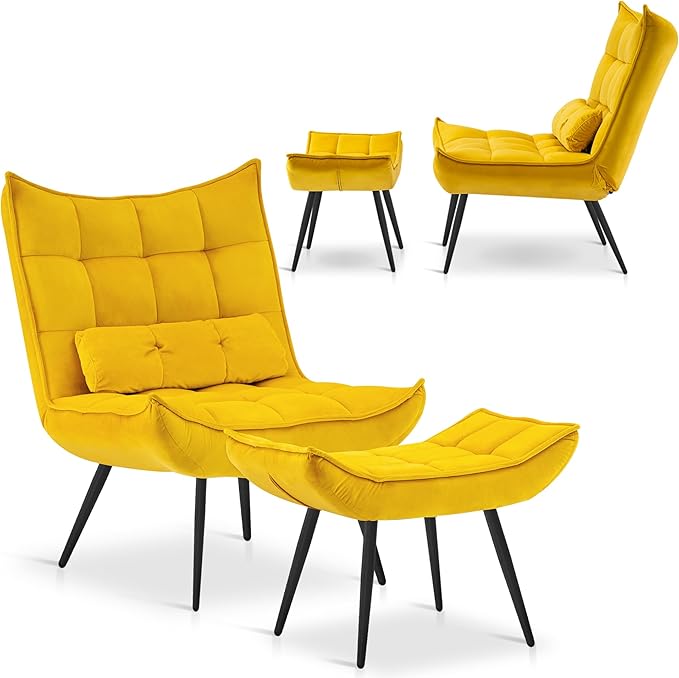 MCombo Accent Chair with Ottoman Modern Velvet Wingback Lounge Chair Upholstered Club Chair for Small Space Living Room &amp Bedroom 4079 (2 Yellow)
