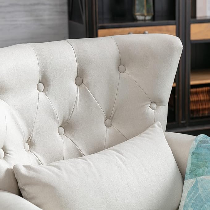 Accent Reading Arm Chairs for Living Room Bedroom Midcentury Modern Comfy Corner Sofa Chair Wingback Waiting Room Club Chair with Button Tufted Back &ampLumbar Pillow Linen Beige