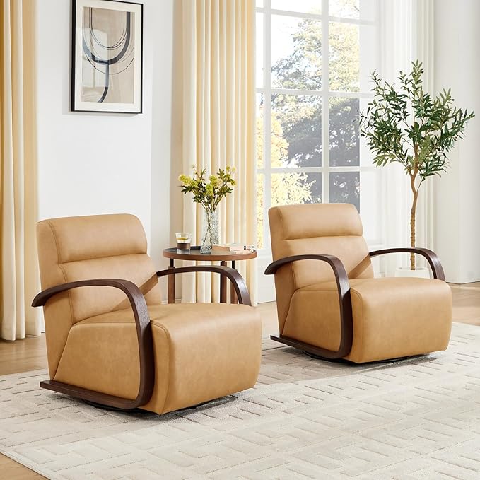 Swivel Accent Living Room Chairs Set of 2 Upholstered Single Sofa Chair Faux Leather Armchair with Solid Metal Base Comfy Reading Side Chair for Bedroom Home Office Corner Brown PU