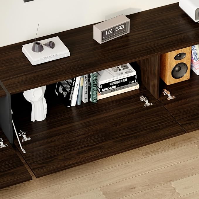 71.7 Inch TV Stand for TVs Up to 80 Modern Entertainment Center with 3 Compartments Flip Down Doors and T-Shape Legs Long Media Console Living Room Black Brown