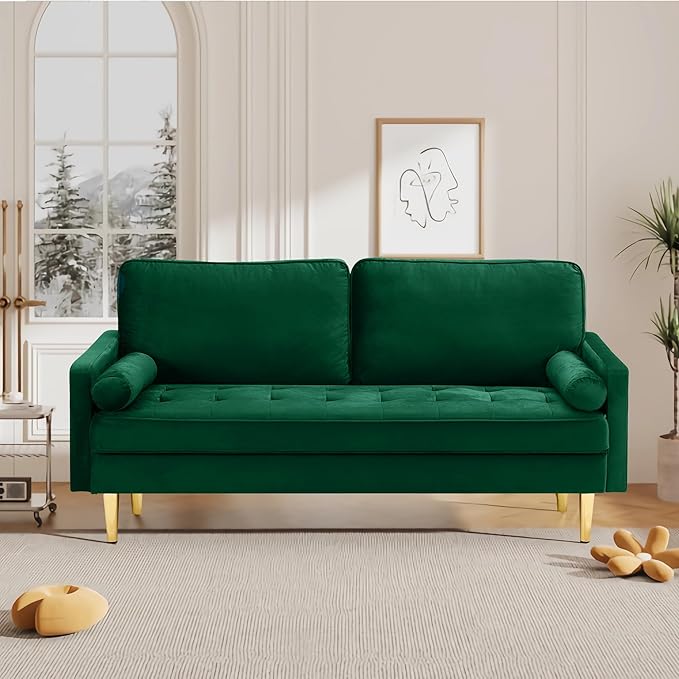 SZLIZCCC 67 LoveSeat Sofa Love Seat Couch Mid Century Modern Couchs Velvet Fabric Pull Dot Design Sofas with Two Round Pillows for Small Spaces Living Room Dorm Bedroom Apartment (67 Green)