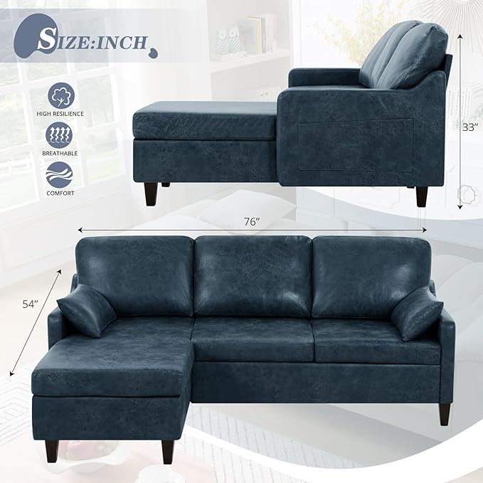 76 Sectional Sofa Couch w/Reversible Chaise Suede Leather L Shaped Sofa w/USB Charger Ports &amp Storage Bag Convertible Modern Couch w/Storage Space for Living Room Small Space Blue