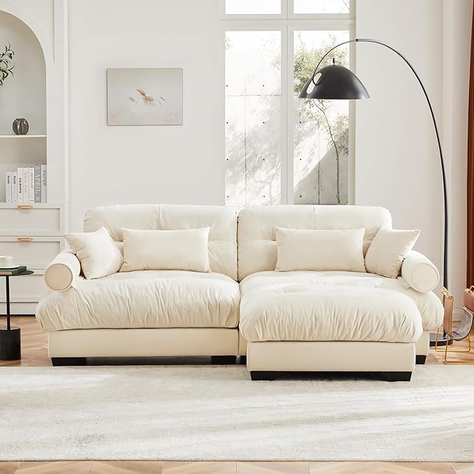 Oversized Modern Cream Velvet 2-Seater Sofa with Ottoman L-Shaped for Living Room &amp Loft - Exquisite Stylish Design