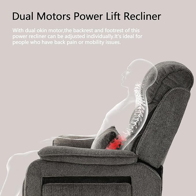 Lift Chair Lay Flat Recliner Heat Massage Dual Motor Infinite Position Power Recliners with Left Side Tray Table-Wireless ChargerCup Holder (Dark Grey Chenille Fabric)
