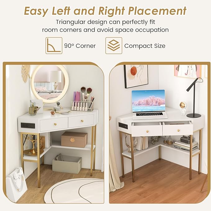 Corner Desk with Charging Station 90° Triangle Desk w/ 2 Drawers Storage Shelves Corner Vanity Table for Bedroom Compact Computer Desk for Small Space