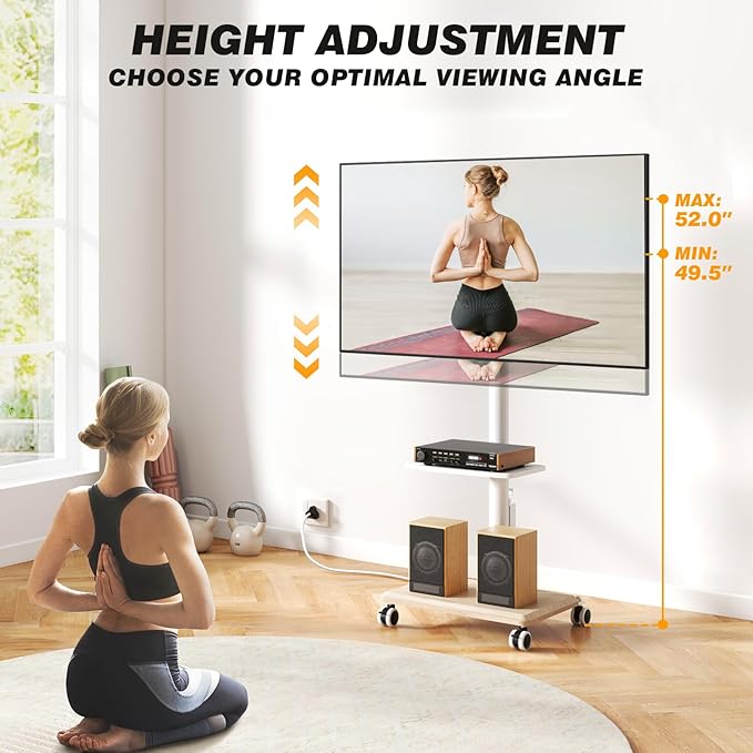 5Rcom Rolling TV Stand with Power Outlet for 32-60 inch TVs Swivel and Height Adjustable Mobile TV Stand with Shelf Strong TV Cart on Wheels up to 88 lbs for Living Room Bedroom and Office White