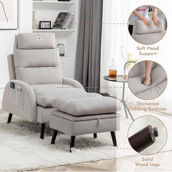 Accent Chair with Ottoman Comfy Reading Chair with Ottoman Set Modern Oversized Velvet Lounge Armchair with Adjustable Backrest for Living Room Bedroom (Grey)