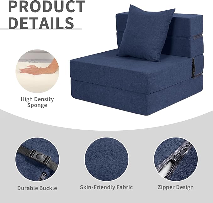 Folding Sofa Bed High-Density Memory Foam Sofa with a Fluffy Pillow Floor Couch Guest Bed Single Size Navy