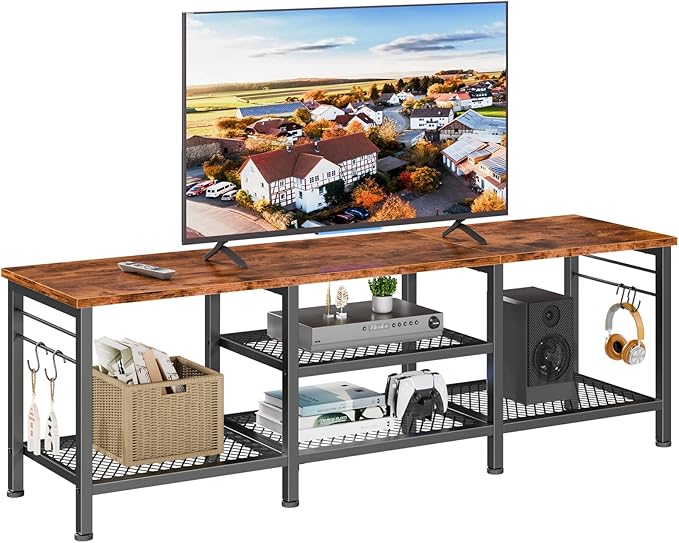 Furologee TV Stand for TVs up to 65 Inch Entertainment Center with Open Storage Shelves 55 Inch Television Stands with Soundbar Shelf for Living Room Bedroom Rustic Brown