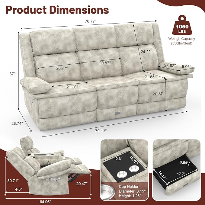 3 Seater Recliner Sofa FSC Certified Manual Reclining Couch with Flip-Up Middle Backrest &amp Drawers Modern Recliner Sofa with USB Ports 2 Cell Phone Holder for RV Home Theater
