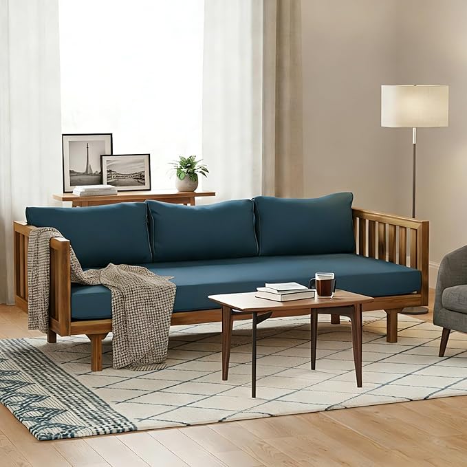 Merax Solid Acacia Wood Couch Chaise Lounge Chair Indoor 3 Seater Daybed Sofa Couches with Cushions &amp Pillow Heavy Frame Day Bed for Living Room Office Outdoor Balcony Patio Water Resistant
