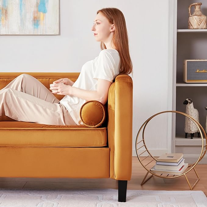 WILLOVE 78 Mid-Century Modern Velvet Sofa 3 Seater Couch with Comfy Deep Seats Futon Loveseat Couch for Living Room Furniture with Two Throw Pillows Easy to Install (Ginger)