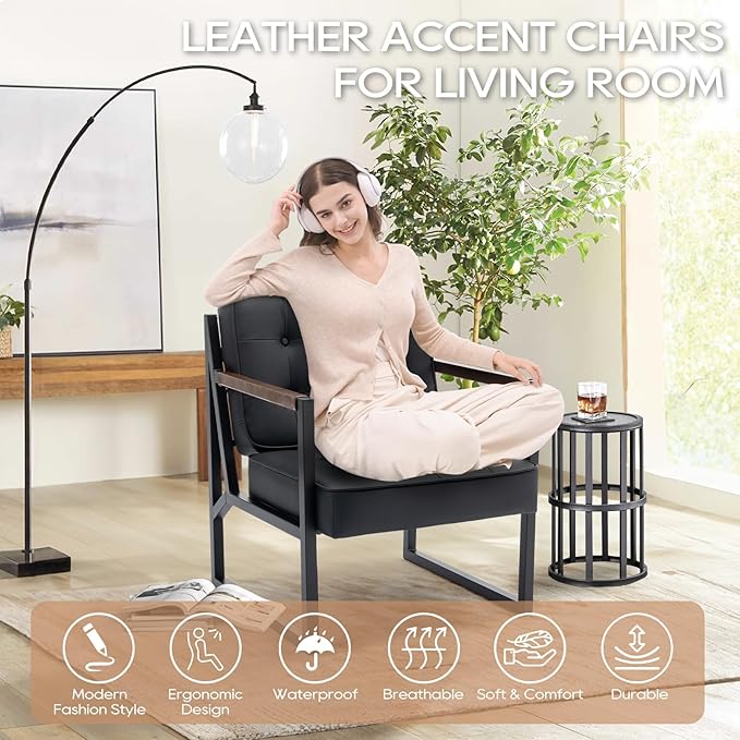COLAMY Mid Century Modern Accent Chair Set of 2 Comfy Living Room Chair Black Leather Accent Chair Faux Leather Reception Armchair with Metal Legs for Living Room Bedroom Reception Office Black