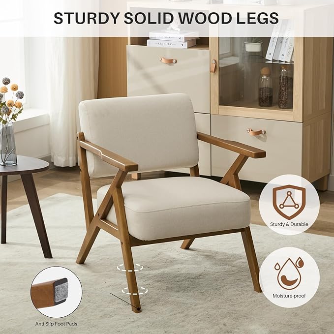 Mid-Century Modern Chair Upholstered Lounge Arm Chair with Solid Wood Frame Thicker Cushion for Living Room Reading Balcony Beige Linen