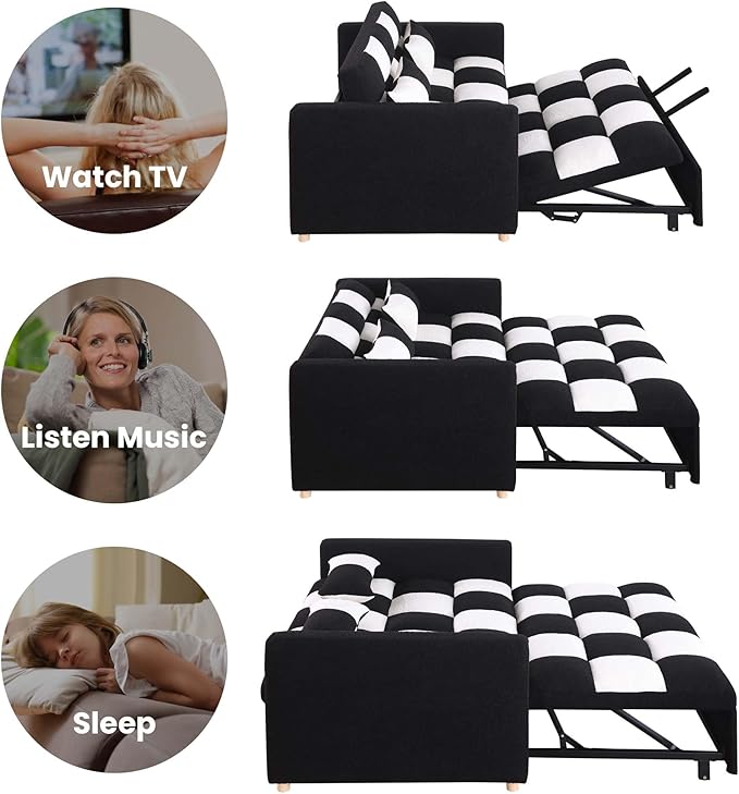 Loveseat Sleeper Sofa Bed Pull Out Couch with Adjustable Backrest and Soft Teddy Fabric Deal for Living Room and Small Spaces Black and White