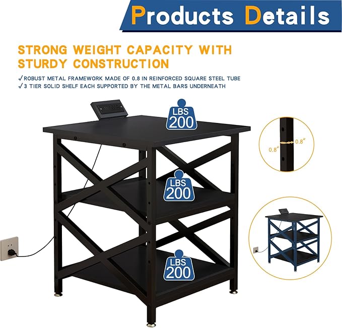 Large Printer Stand with Power Outlet with Height Adjustable Storage Shelf 3 Tier Rolling Printer Cart with Industrial Wheels 23.6 x 23.6 Inches Printer Table for Home OfficeBlack