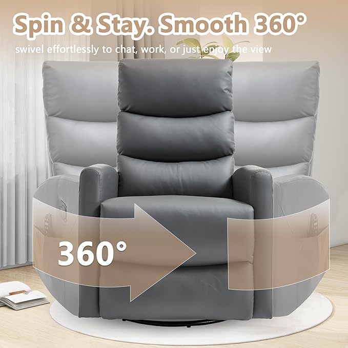 cinkehome Small Swivel Rocker Recliner Chair with Heated Massage Upholstered Nursery Glider Recliner Chair High Back Side Pocket (Grey PU Leather)