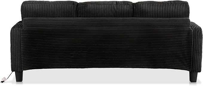 Homes: Inside + Out Reese Modern Plush Chenille Couch with Side Pockets Cup Holders and USB Ports Wooden Comfortable Sofa for Living Room Bedroom and Office Black