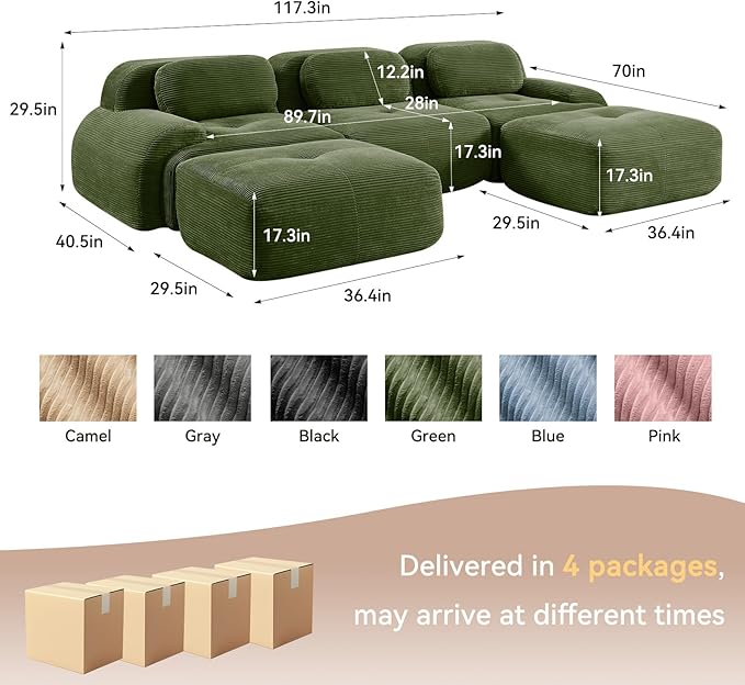 117.3 L Shaped Sectional Cloud Sofa Couch Corduroy Modern Memory Foam Boneless Modular Couches Chaise for Living Room Bedroom(3-Seater&amp2 OttomanGreen)