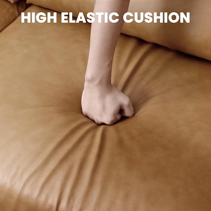 Vesgantti 100 Faux Leather Couch with Movable Ottoman 3 Seater L Shaped PU Leather Sofa with Side Pocket Comfy Mid Century Modern Modular Sectional Couch for Living Room Apartment Camel