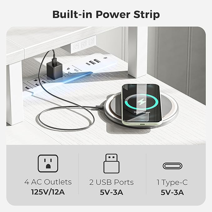SUPERJARE 47 inch Reversible L Shaped Desk with LED Lights &amp Power Outlets Computer Desk with Shelves &amp Monitor Stand Gaming Desk with Drawer Home Office Desk Corner Desk PU White Drawer