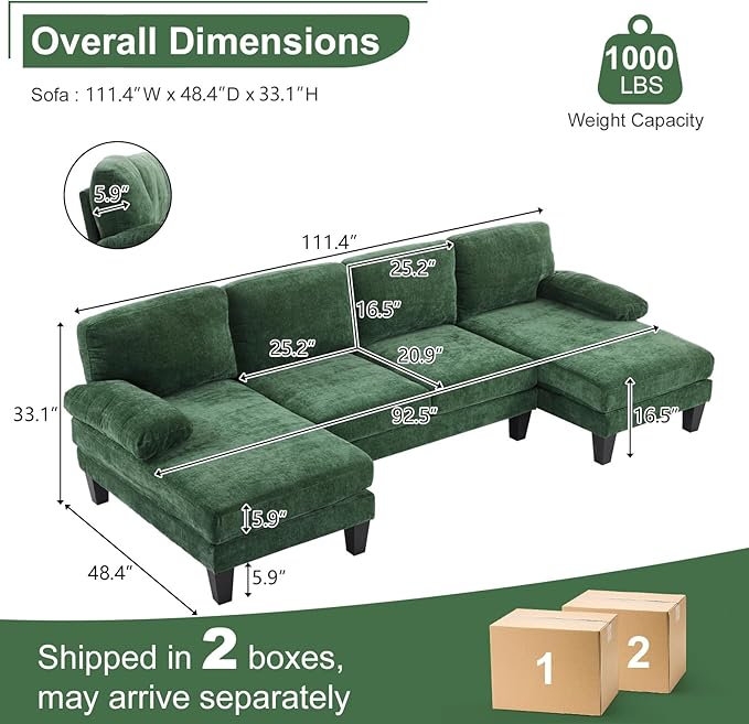 Karl home U-Shape Sectional Sofa Couch 111 Modern 4-Seat Sofa with Chaises Chenille Fabric Upholstered Covertible Couch with Wood Grain Legs for Living Room Reception Room Apartment Green