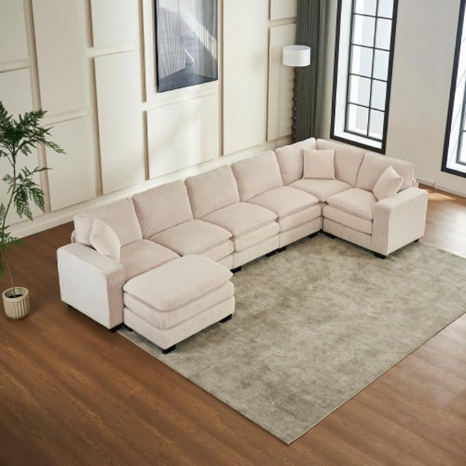 Modern U Shaped 6-seat Sectional Sofa Couch with one Ottoman and Three toss PillowsModular Sofa for Living RoomCorduroy Sofa (WhiteCorduroy-7 Seat)