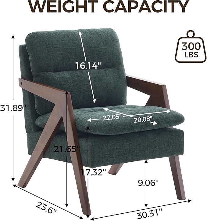 Mid-Century Modern Accent Chair with Solid Wood FrameTufted Upholstered Chenille Living Room Arm Chairs with Thick Cushion for Bedroom Living Room Reading RoomBalconyGreen
