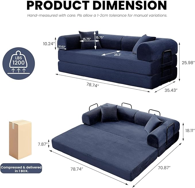 79 5-in-1 Convertible Sofa Bed Premium Sleeper with Reinforced Frame &amp Plush Corduroy No Assembly Modern Couch for Lounge Living Room &amp Guest Room Blue