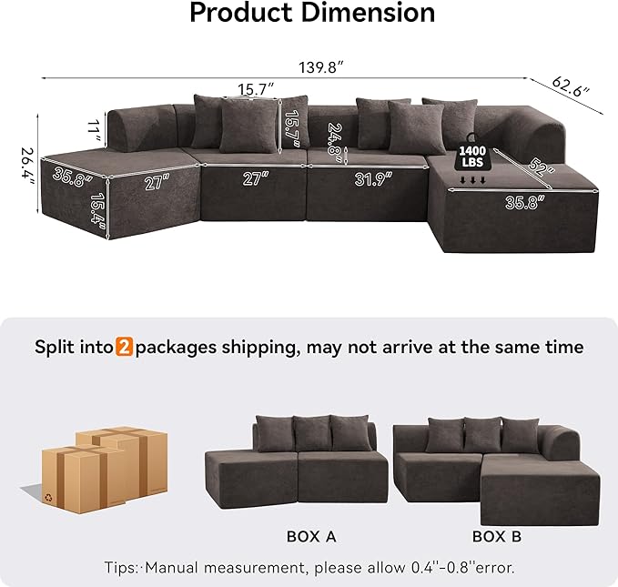 140''Oversized Cloud Velvet Curved Sectional Couch Boneless Couch with L-Shape Chaise Upholstered Compression Memory Foam Modular Sectional Sofa for Living Room No Assembly Required Brown