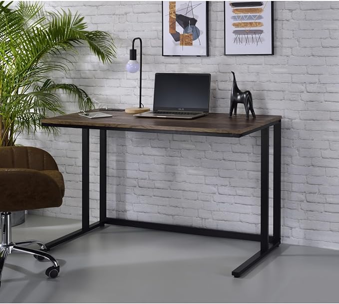 Industrial Home Office Desk Heavy Duty Computer Desk with Black Metal Frame for Small Space Multi-Functional PC Laptop Desk Work Table with USB Ports for Reading Writing Walnut+Black