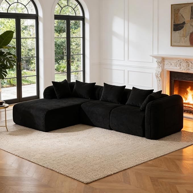 117’’ Chenille Fabric Boneless Couches for Living RoomModular Sectional Cloud Sofa |Fluffy Chenille Deep Seat No-Assembly Memory Foam Comfy Cloud Couch with L-Shaped Chaise (Black)