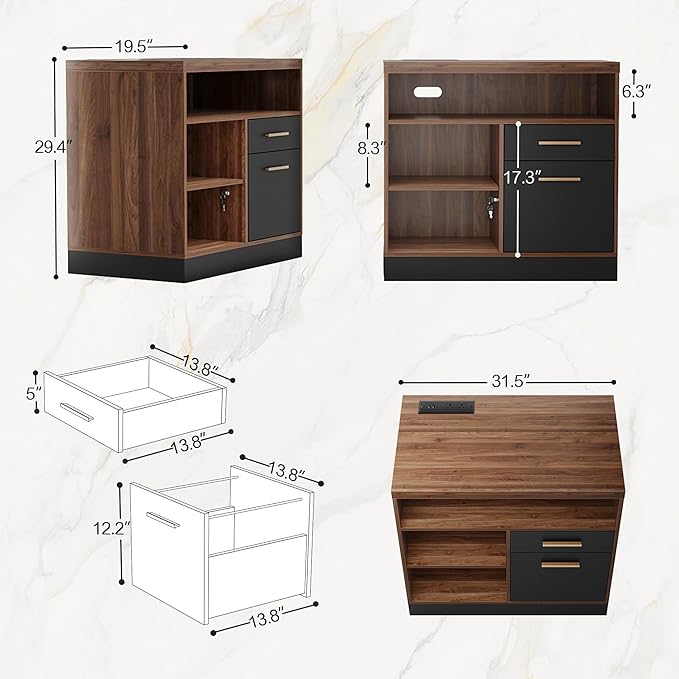 Electric Standing Desk with 2-Drawer File Cabinet Adjustable Height Executive Desk Home Office Workstation with A Engineered Wood 1.18 Solid Desktop Built-in Outlets Black Walnut