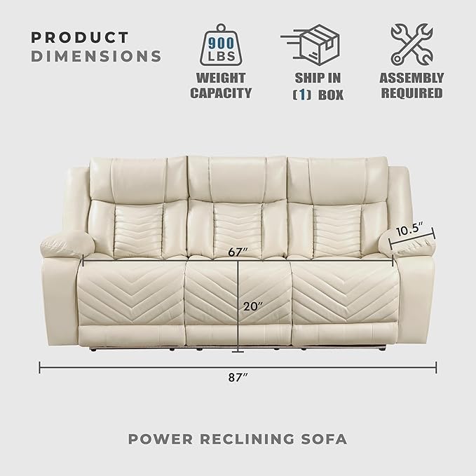 Lexicon Wall Hugger Power Double Reclining Sofa with Center Drop-Down Table Faux Leather Home Theater Seating with LED Lighting/USB Charging Ports/Wireless Charger/Cup Holders Magazine Pocket Beige