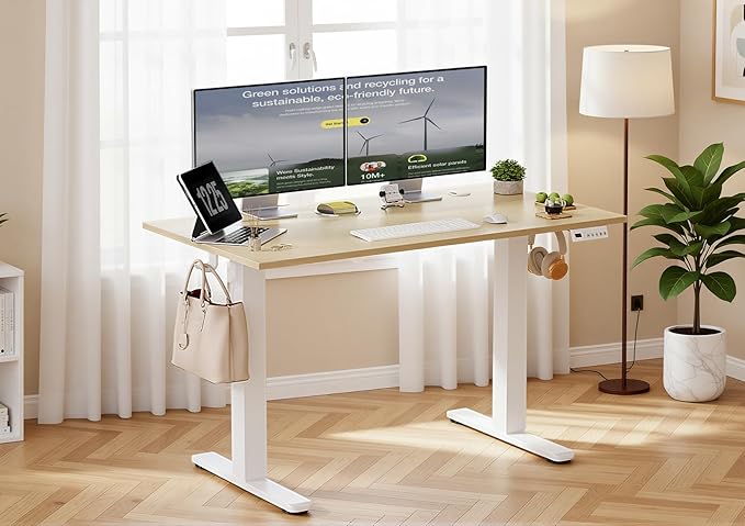 YDN Electric Standing Desk Adjustable Height Stand up Desk 40 x 24 Inches Sit Stand Home Office Desks White Frame/Nature Top