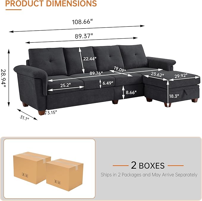 108 Sectional Sofa Convertible L Shaped Sofa with Ottoman and Large Storage 4 Seat Sectional Couch with Cup Holder Couches for Living Room Apartment Office (Dark Grey)