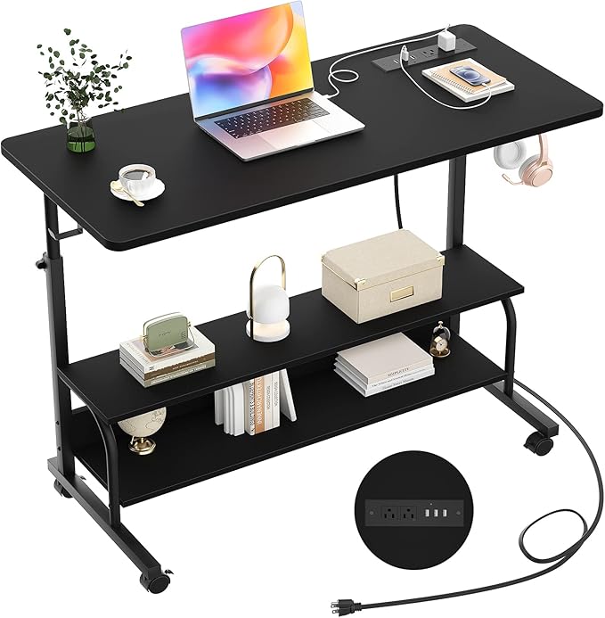 Armocity Rolling Standing Desk with Power Outlets 39 Manual Height Adjustable Mobile Computer Desk with Wheels Small Portable Sit Stand Laptop Couch Table for Bed &amp Sofa Home Office Black