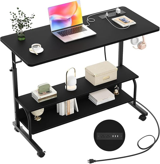 Armocity Rolling Standing Desk with Power Outlets 39 Manual Height Adjustable Mobile Computer Desk with Wheels Small Portable Sit Stand Laptop Couch Table for Bed &amp Sofa Home Office Black