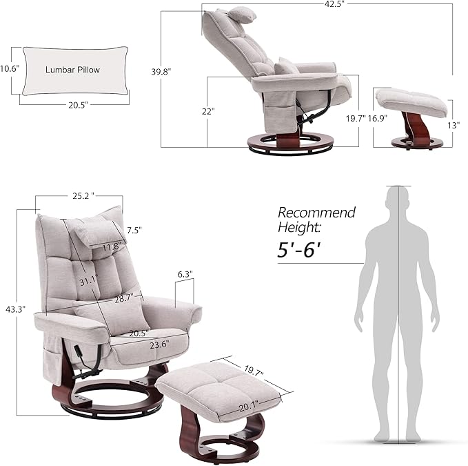 MCombo Swivel Recliner with Ottoman TV Chair Sets with Vibration Massage Ideal for Small Space Living Room &amp Bedroom 4188 (Beige)