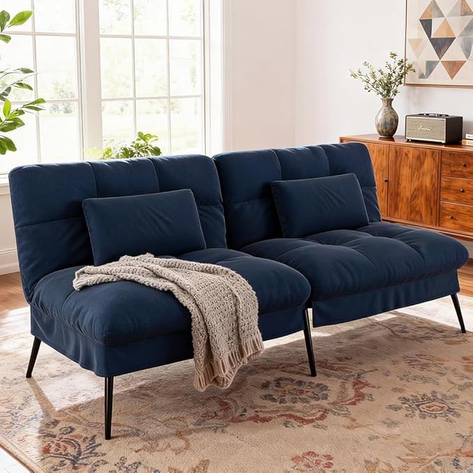 COMHOMA Convertible Sofa Bed72″Fabric Couch with Adjustable BackrestLoveseat Recliner Sleeper Living Room Furniture futon Set (Blue)