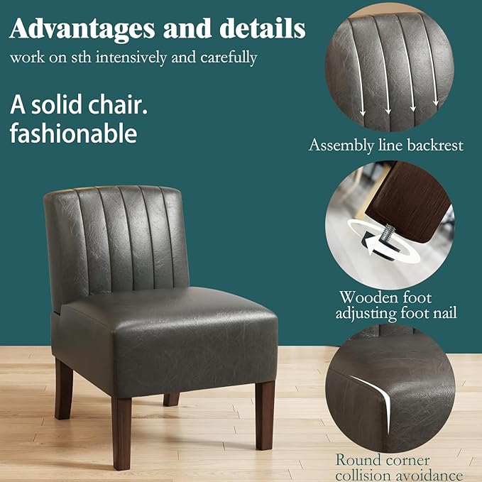 Armless Accent Chairs Upholstered Dining Chairs Living Room Chairs with Solid Wood Legs Leather Reading Chair for Adults Comfy Chair for Bedroom Vanity Kitchen (Asphalt)