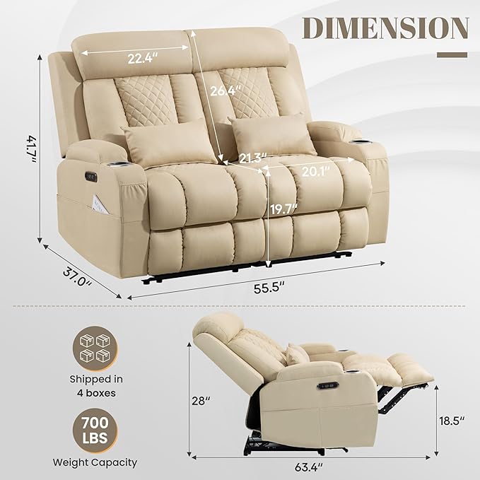 Zero Wall Hugger Power Reclining Loveseat with Adjustable Headrest Power Loveseat Recliner Sofa with USB&ampType-C Ports Wall Hugger Loveseat Recliner for Living Room(Beige 2 Seater)