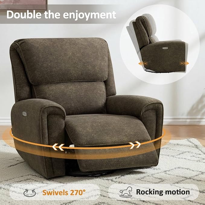 MCombo Power Swivel Rocker Recliner Chair Oversized Power Recliner Chair for Big and Tall People 400lbs Heavy Duty Recliners USB Charge Ports for Living Room Office Fabric OE678 (Brown)
