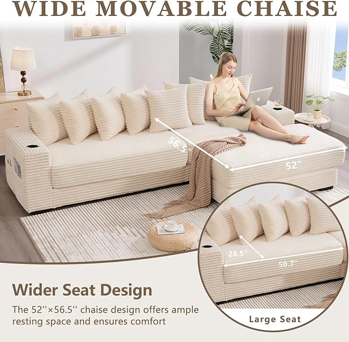 Sleeper Sofa Bed King Corduroy Modular L Shaped Sofa Oversized Reversible Chaise Lounge Modern Sectional Couch with Ottoman Cup Holder Side Pocket 8 Pillows for Living Room Beige