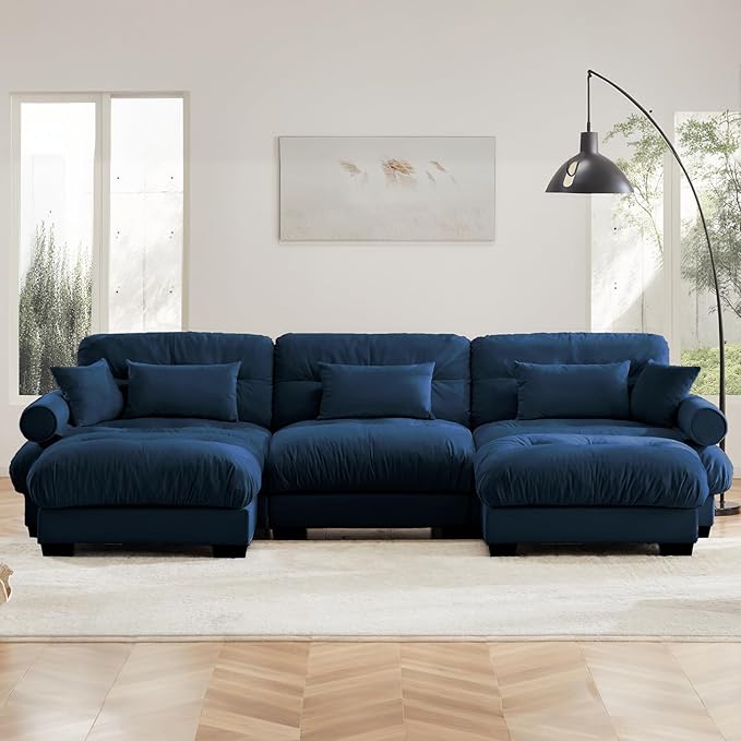 130 Oversized 3 Seater Modular Sectional Sofa Blue Large U Shaped Couch for Living Room Fluffy Velvet Cloud Set With Ottoman