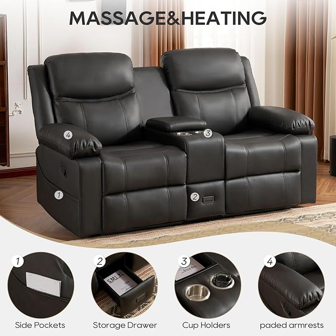 Reclining Loveseat Sofa with Massage &amp Heat Recliner Couch RV Love Seat Chair Side Pockets Extra Storage Cup Holders Adjustable Headrest &amp USB Ports for RV Home Theater Living Room