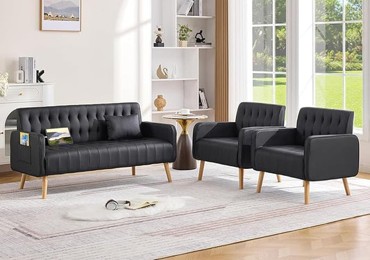 Black Leather Loveseat and Accent Chair Set of 2 Small Couch w/USB Charging &amp Pockets Mid Century Modern Tufted Love Seat and Chair Set Mini Office Sofa for Living Room Apartment
