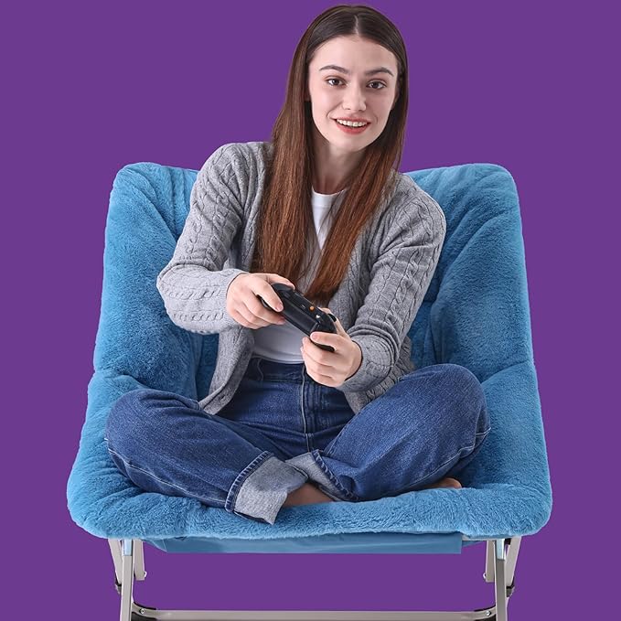 OAKHAM Comfy Chair for Adults Soft Faux Fur Folding Lounge for Bedroom Living Room Dorm Rooms Flexible Reading Chair for Teens Kids X-Large Foldable (Faux Fur-Blue)