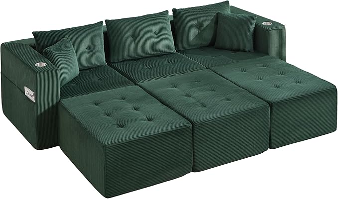 100 Modular Sectional Sofa Bed Oversized 6-Seater Boneless Tufted Cloud Sleeper Couch with Cup Holder and Movable Ottoman Corduroy Upholstery Couches for Living Room No Assembly Green