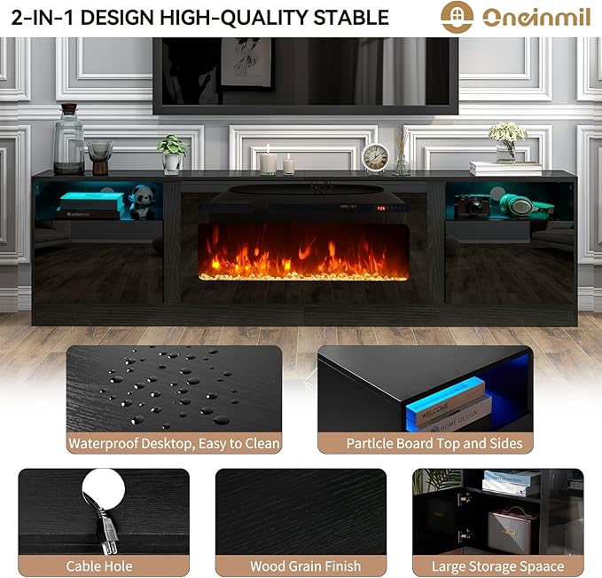 oneinmil 80” TV Stand with 36” Electric Fireplace Large Modern Media Entertainment Center with Storage Cabinet and 12 Colors LED Lights for TVs Up to 90 Black+Black